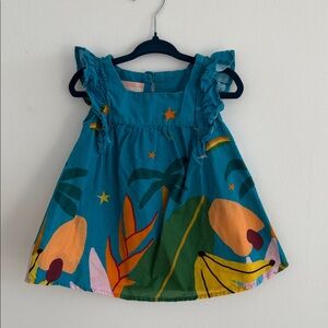 Tropical Blue Kids Dress with Ruffle Sleeves